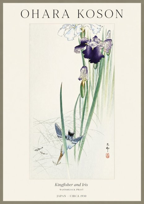 Ohara Koson Kingfisher and Iris No1 - Plakat