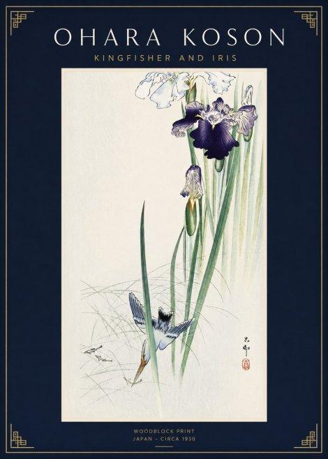 Ohara Koson Kingfisher and Iris No2 - Plakat