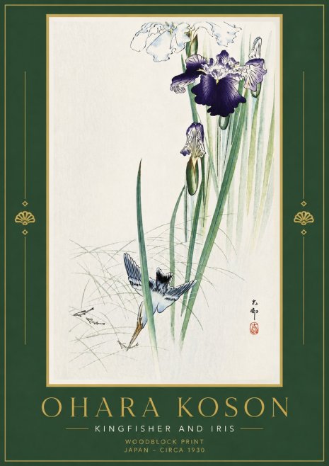 Ohara Koson Kingfisher and Iris No6 - Plakat