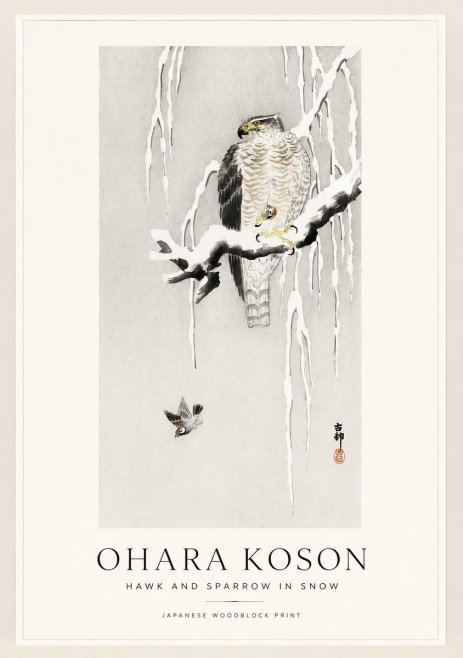 Ohara Koson Hawk and Sparrow in Snow No1 - Plakat