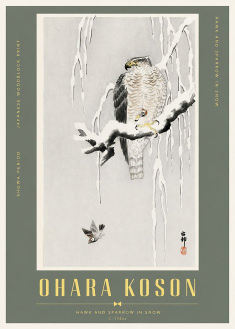 Ohara Koson Hawk and Sparrow in Snow No2 - Plakat