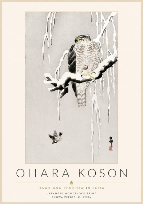 Ohara Koson Hawk and Sparrow in Snow No4 - Plakat