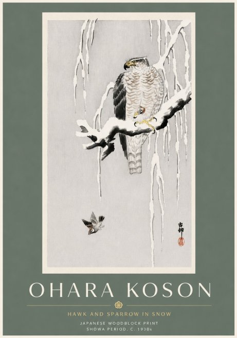 Ohara Koson Hawk and Sparrow in Snow No6 - Plakat