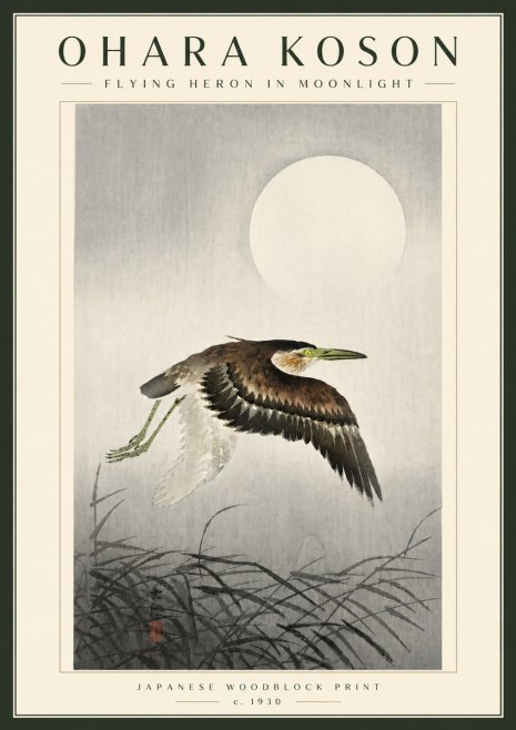 Ohara Koson Flying Heron in Moonlight No5 - Plakat