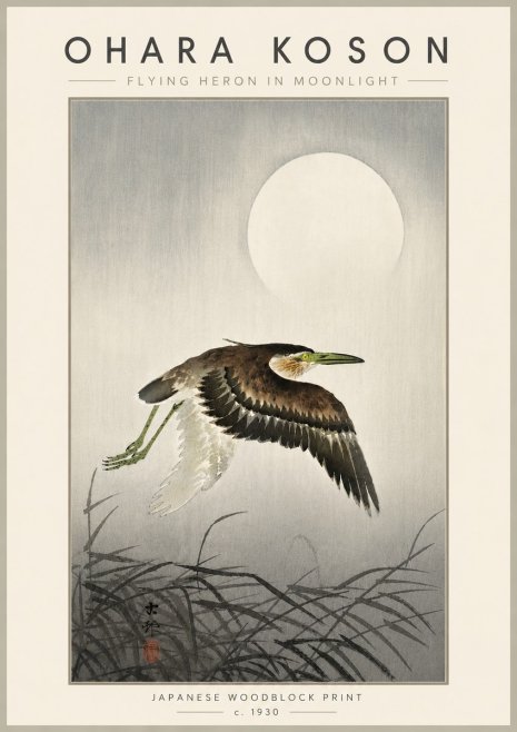 Ohara Koson Flying Heron in Moonlight No6 - Plakat