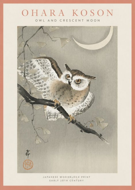 Ohara Koson Owl and Crescent Moon No4 - Plakat