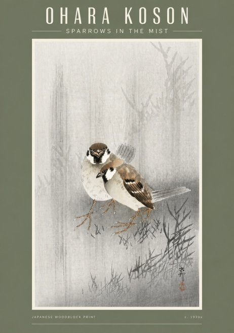 Ohara Koson Sparrows in the Mist No4 - Plakat
