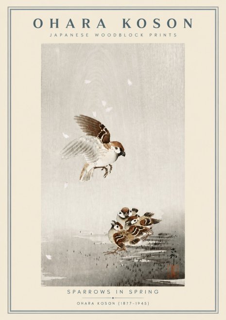 Ohara Koson Sparrows in Spring No6 - Plakat