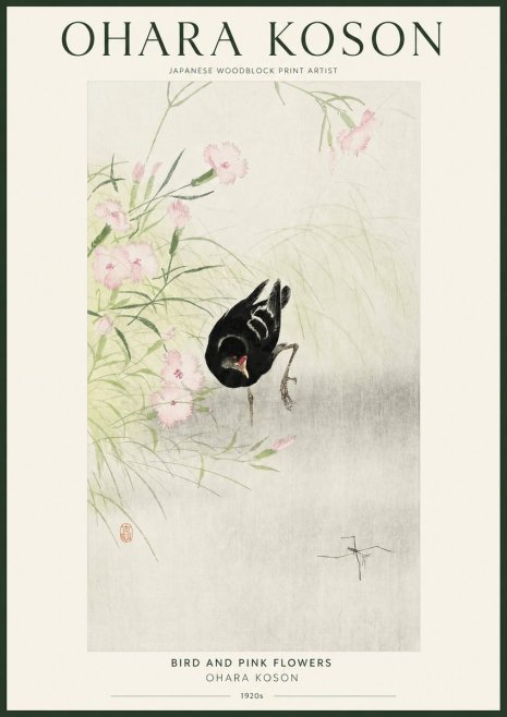 Ohara Koson Bird and Pink Flowers No1 - Plakat