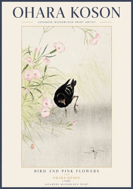 Ohara Koson Bird and Pink Flowers No3 - Plakat