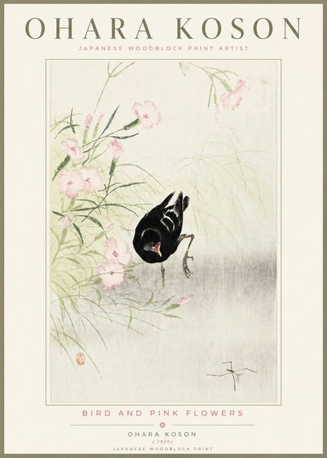 Ohara Koson Bird and Pink Flowers No4 - Plakat