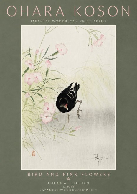 Ohara Koson Bird and Pink Flowers No5 - Plakat
