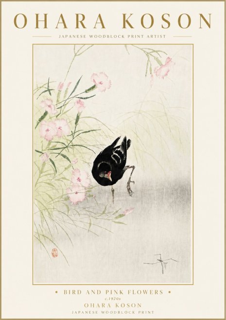 Ohara Koson Bird and Pink Flowers No6 - Plakat