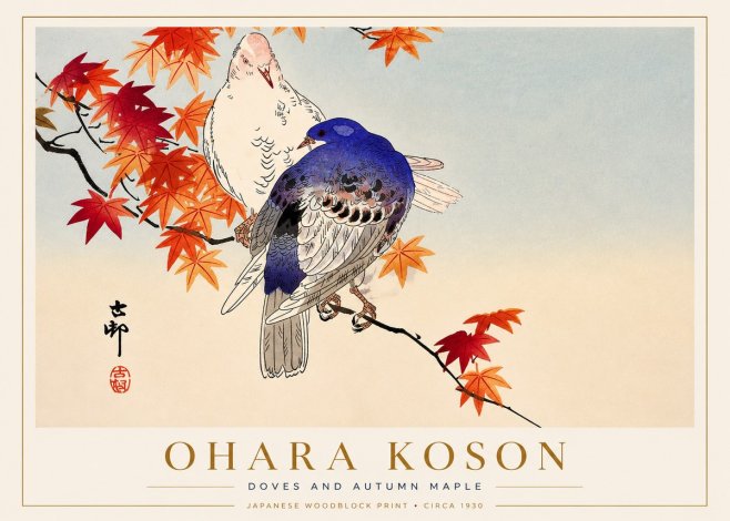 Ohara Koson Doves and Autumn Maple No3 - Plakat
