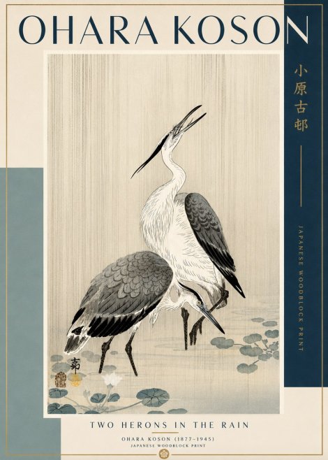 Ohara Koson Two Herons in the Rain No2 - Plakat