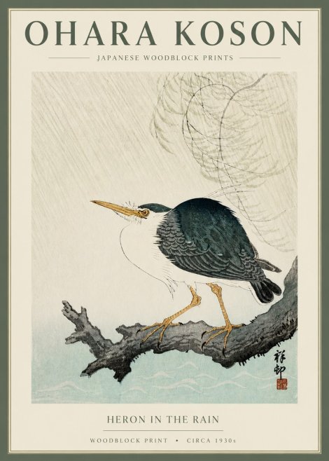 Ohara Koson Heron in the Rain No2 - Plakat