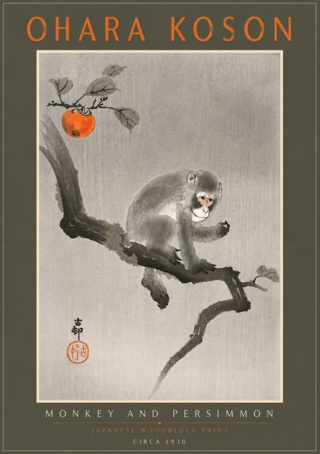 Ohara Koson Monkey and Persimmon No5 - Plakat
