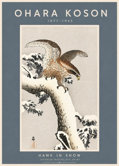 Ohara Koson Hawk in Snow No3 - Plakat