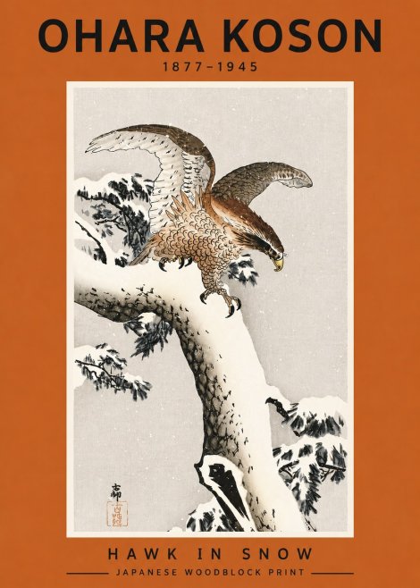 Ohara Koson Hawk in Snow No4 - Plakat