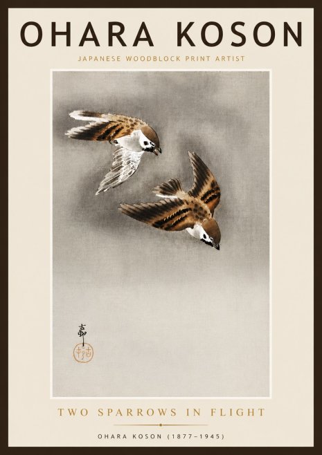 Ohara Koson Two Sparrows in Flight No6 - Plakat
