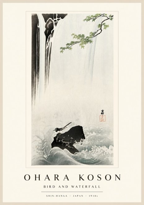 Ohara Koson Bird and Waterfall No1 - Plakat