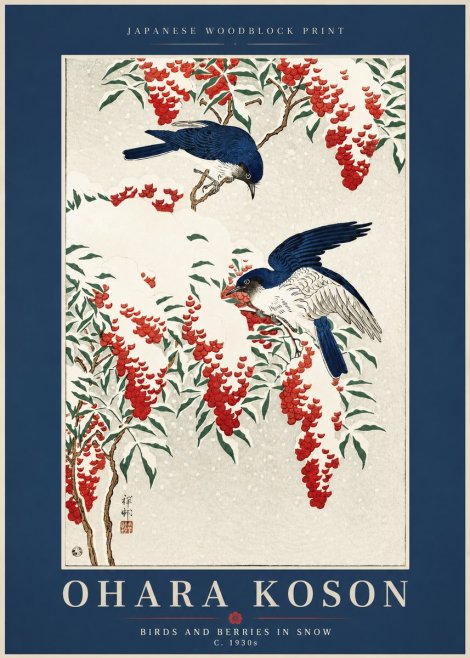 Ohara Koson Birds and Berries in Snow No2 - Plakat
