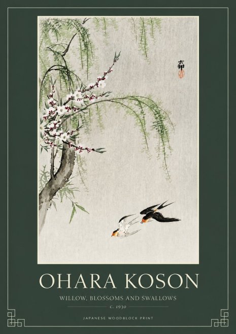 Ohara Koson Willow, Blossoms and Swallows No2 - Plakat