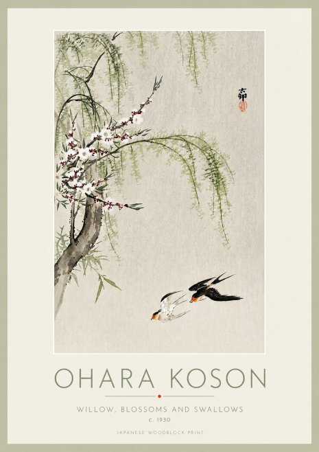 Ohara Koson Willow, Blossoms and Swallows No3 - Plakat