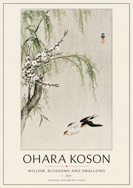 Ohara Koson Willow, Blossoms and Swallows No5 - Plakat