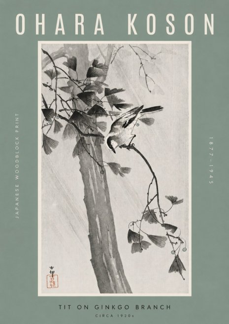 Ohara Koson Tit on Ginkgo Branch No2 - Plakat
