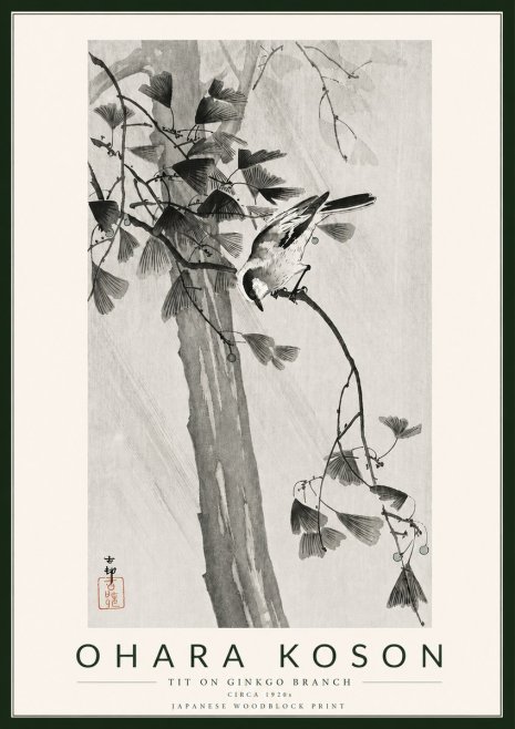Ohara Koson Tit on Ginkgo Branch No5 - Plakat