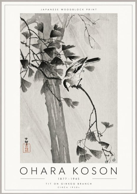 Ohara Koson Tit on Ginkgo Branch No6 - Plakat