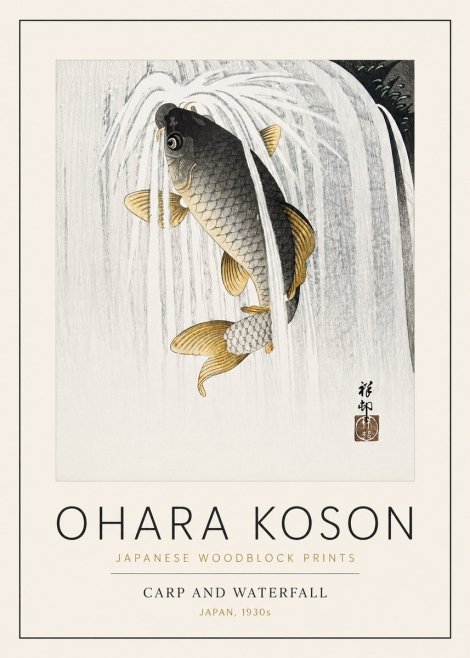 Ohara Koson Carp and Waterfall No3 - Plakat