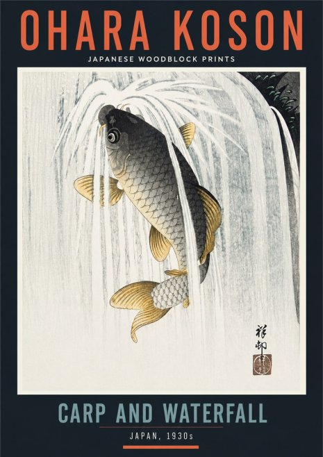 Ohara Koson Carp and Waterfall No4 - Plakat