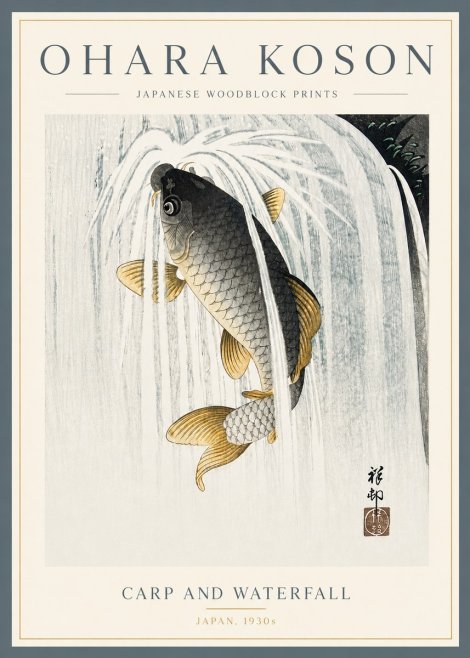 Ohara Koson Carp and Waterfall No5 - Plakat