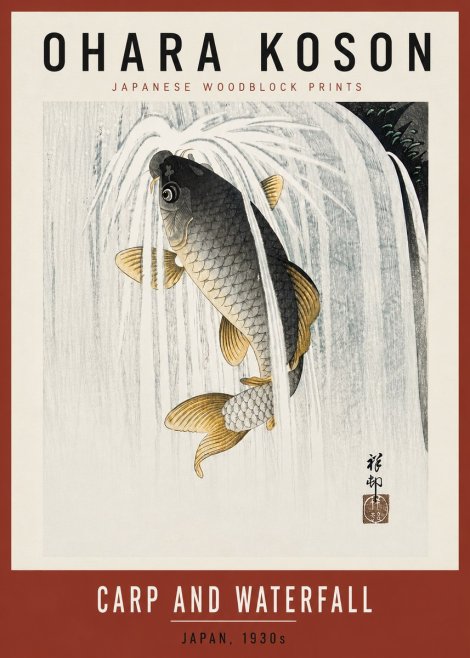 Ohara Koson Carp and Waterfall No6 - Plakat