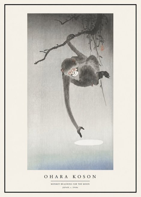 Ohara Koson Monkey Reaching for the Moon No1 - Plakat