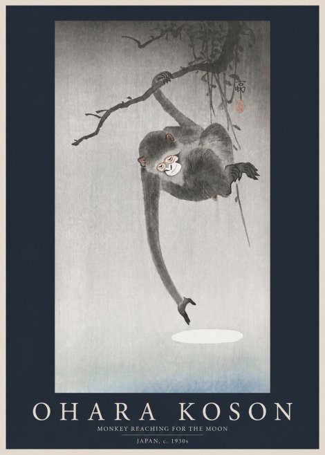 Ohara Koson Monkey Reaching for the Moon No2 - Plakat