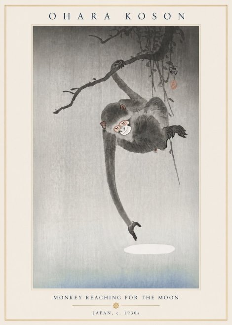 Ohara Koson Monkey Reaching for the Moon No4 - Plakat