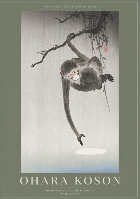 Ohara Koson Monkey Reaching for the Moon No5 - Plakat