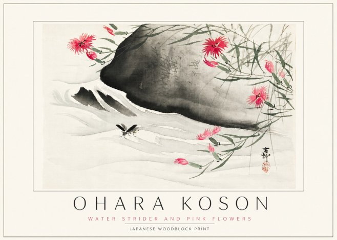 Ohara Koson Water Strider and Pink Flowers No3 - Plakat