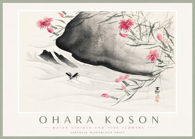 Ohara Koson Water Strider and Pink Flowers No4 - Plakat