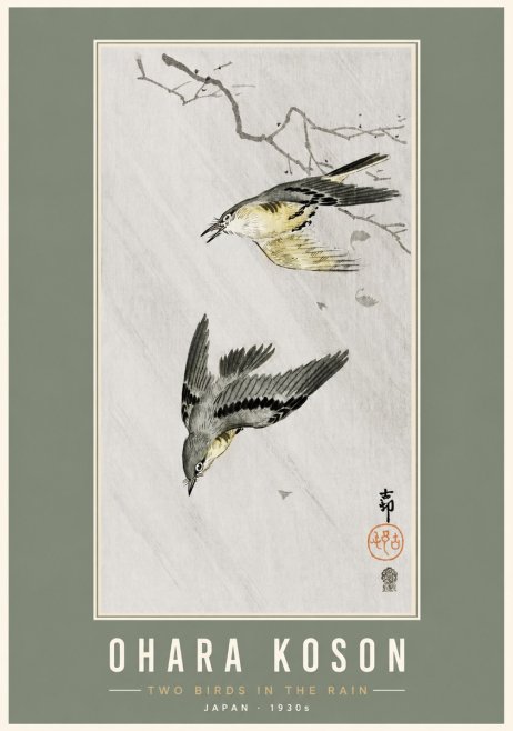Ohara Koson Two Birds in the Rain No3 - Plakat