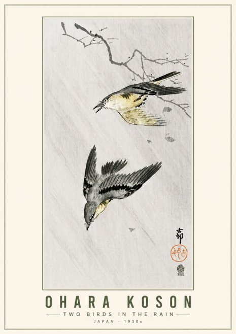Ohara Koson Two Birds in the Rain No5 - Plakat