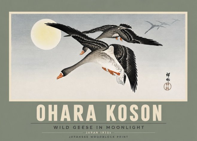 Ohara Koson Wild Geese in Moonlight III No5 - Plakat