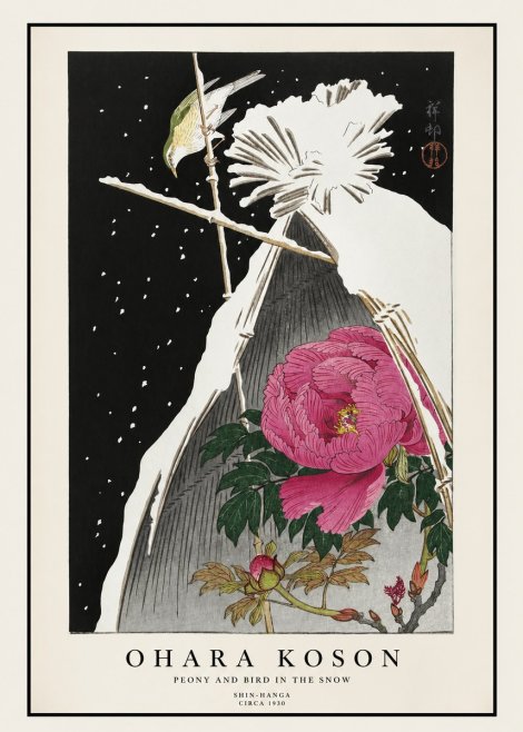 Ohara Koson Peony and Bird in the Snow No1 - Plakat