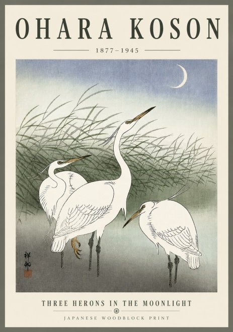 Ohara Koson Three Herons in the Moonlight No6 - Plakat