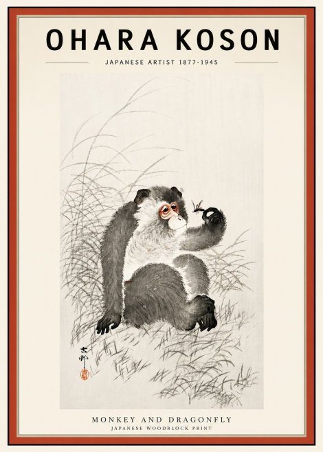 Ohara Koson Monkey and Dragonfly No3 - Plakat