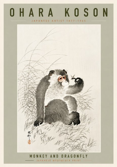 Ohara Koson Monkey and Dragonfly No4 - Plakat