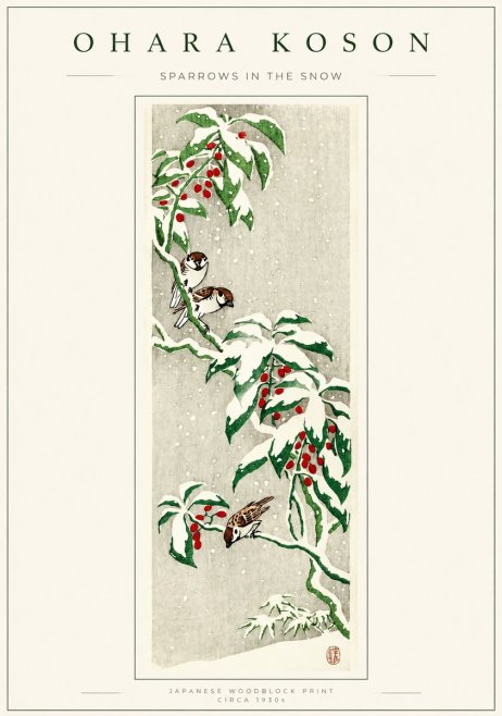 Ohara Koson Sparrows in the Snow No1 - Plakat